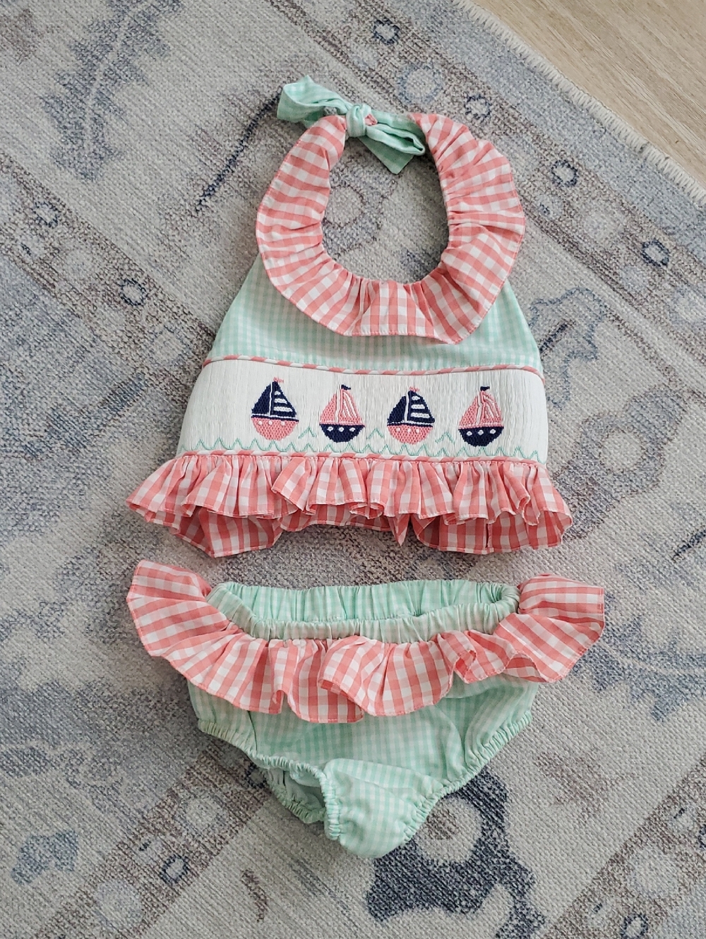 Shrimp & Grits Toddler Girls gingham Smocked Swimsuit Sailboats Ruffle Sz5